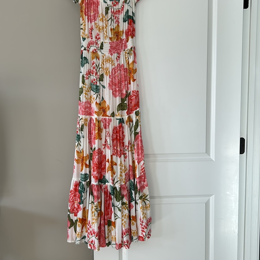 Anthro's Abel the Label Off the Shoulder Garden Party Maxi Dress w Smocked Waist - Picture 6 of 13
